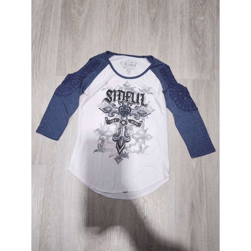 Sinful Affliction Women's Graphic Cross Baseball Tee Shirt Small White Blue Used